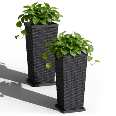 Tall Faux Wicker Planters With Drainage Hole & Tray, 23”H Resin Plant Pots For Indoor Outdoor Garden Decor