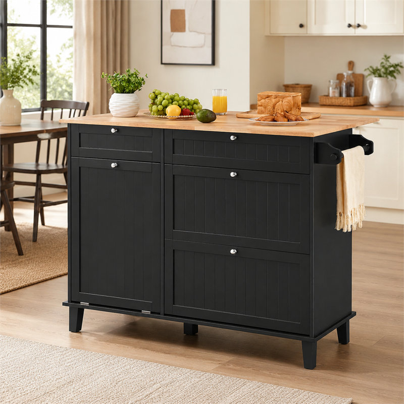 Îlot de cuisine avec meuble de rangement, tiroir et compartiment de poubelle, noir