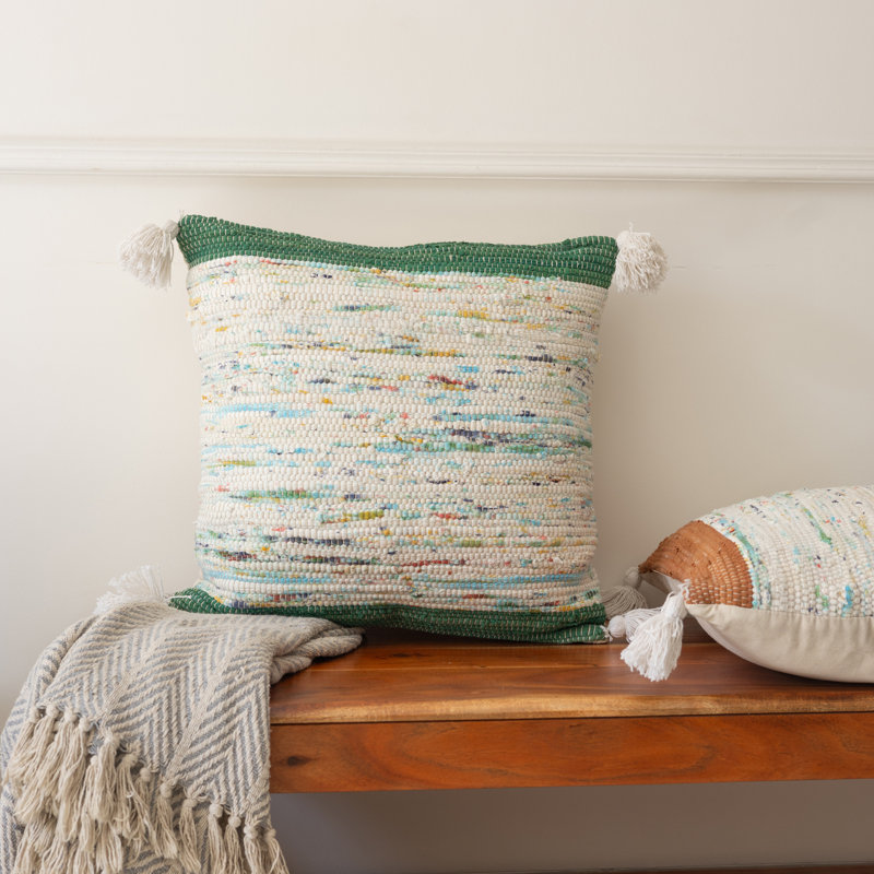 Coussin en coton abstrait coloré avec pampilles, Vert / Beige, Polyester