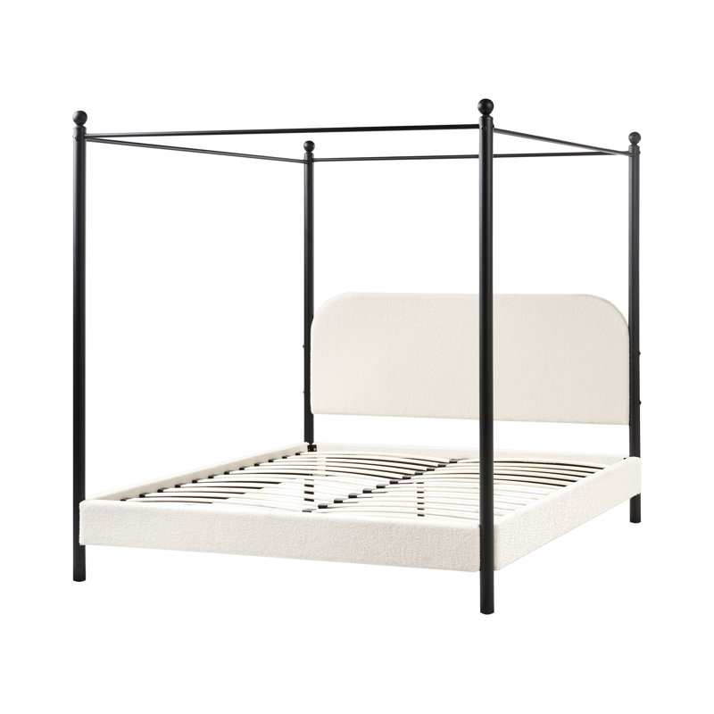 Four Poster Bed Boucle DANNEMOIS, White, European Kingsize (160 x 200 cm)