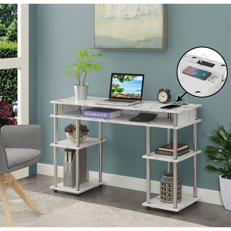 Edwin No Tools Computer Desk with Built-In Outlets, White Marble