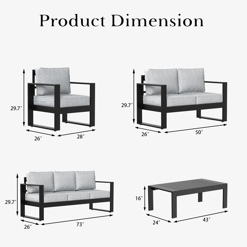 7 - Person Outdoor Seating Group with Cushions, Light Grey Cushion /Black Frame