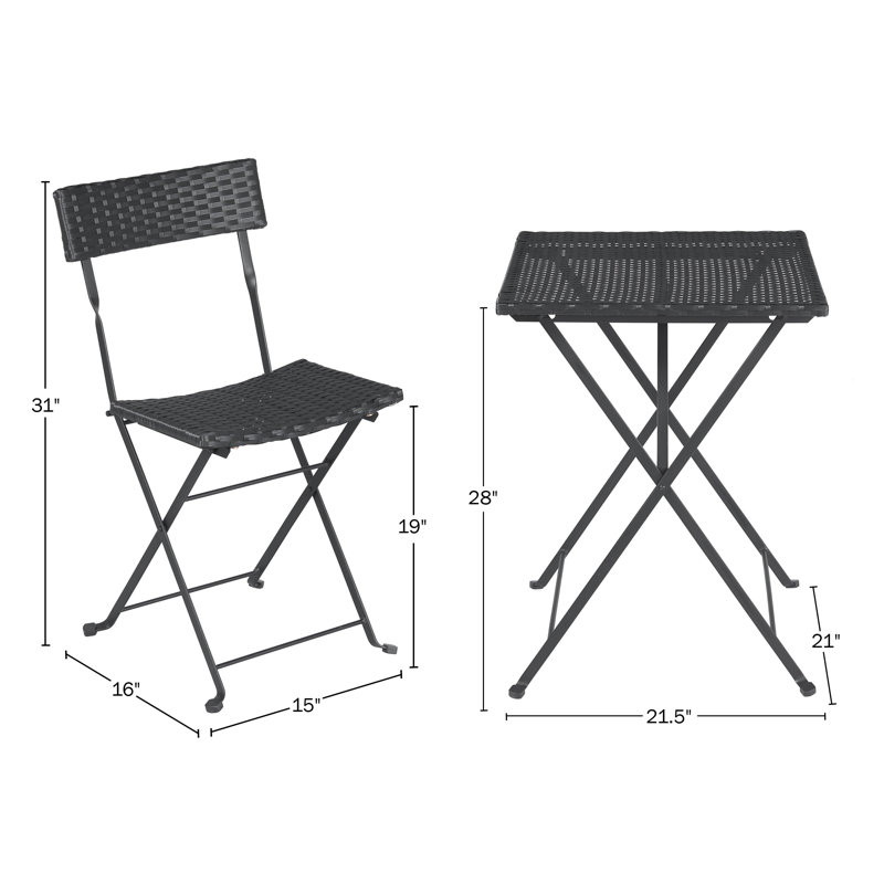 Folding Patio Bistro Set ' 3-Piece Rattan and Steel Cafe Table and Chairs for Porch Deck
