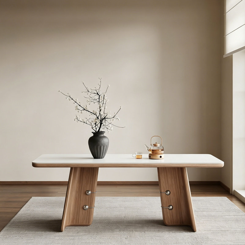 Table Mid-Century en pierre frittée, 29.5" H x 31.5" W x 63" D