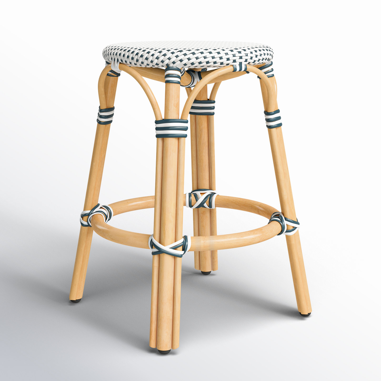 Alastair Bar & Counter Stool, Counter Stool (24" Seat Height), White/Navy Dot/Natural Rattan Frame