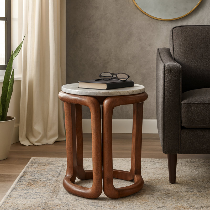 Marble Top Wood Accent Table With Round Stone Surface And Solid Frame For Living Room Bedroom Home Or Office Casual Modern Style - 18" Ivory & Brown