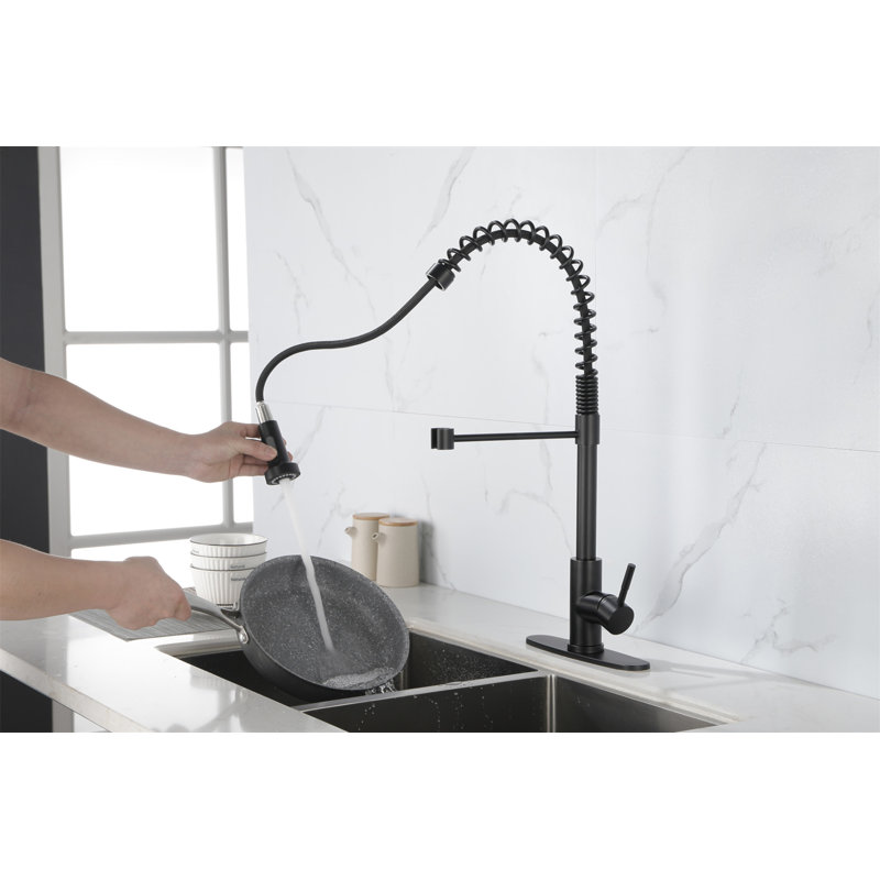 Commercial Spring Kitchen Faucets Matte Black With Pull Out Sprayer,  Stainless Steel Single Handle One Hole Kitchen Sink Faucet, Industrial 3-Hole Sink Faucet For Camper Laundry Bar