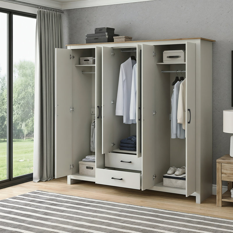 Limestone 6 Door 2 Drawer Wardrobe with Mirror, Light Grey