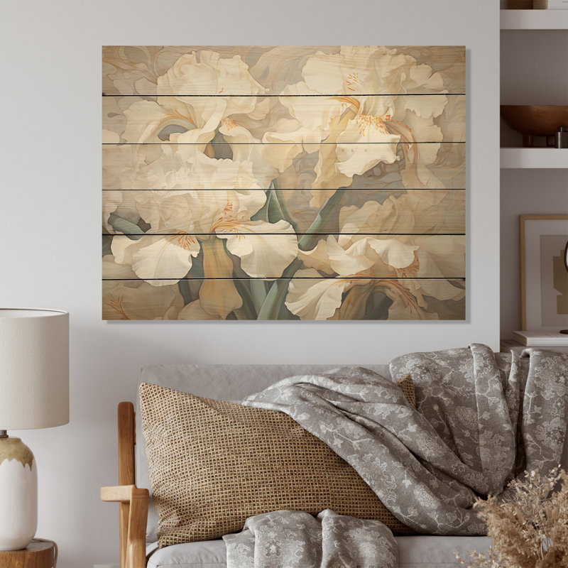 Beige, minimalisme, iris, pétales rayonnants - iris, art mural sur bois de pin naturel, H 30 po x l 40 po