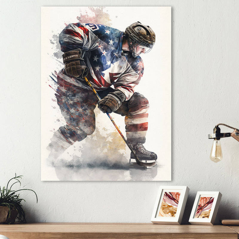 Joueur de hockey américain en action V - Décoration murale moderne en métal, H 32 po x l 16 po x P 1 po