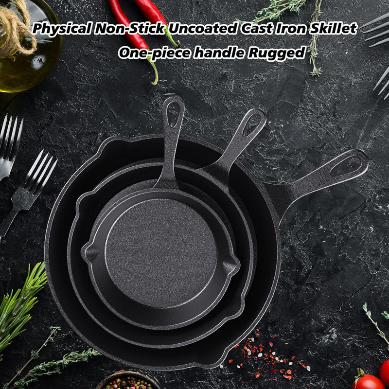 RAINBEAN Pre-Seasoned Cast Iron Skillet Set, 3-Piece
