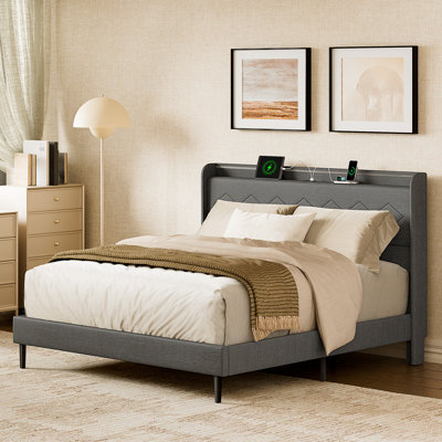 Upholstered Bed Frame with LED Lights & Charging Station, Wingback Headboard