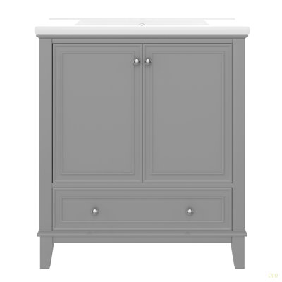 Ensemble de meuble-lavabo 30 po avec lavabo, armoire de salle de bain multifonctionnelle avec portes et tiroir, structure solide et panneau de fibres à densité moyenne