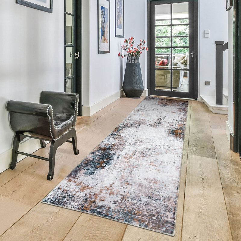 KATINE Modern Abstract Machine Washable Area Rug Brown Silver/Ivory, Rectangle 2'6" x 9'