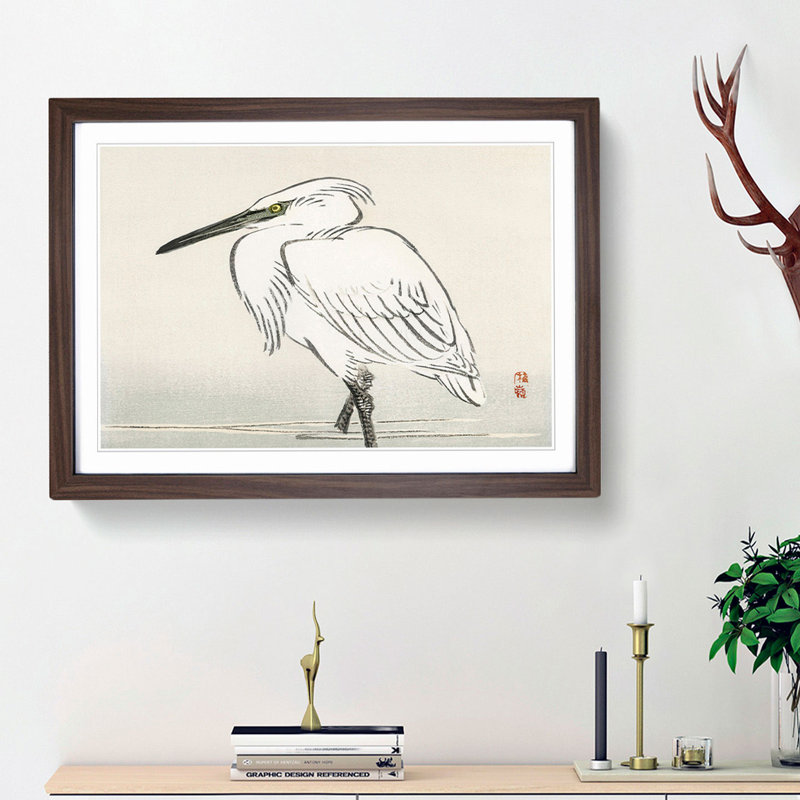 Snowy Egret by Kono Bairei - Picture Frame Painting Print, Walnut Framed, 62cm H x 87cm W x 2cm D