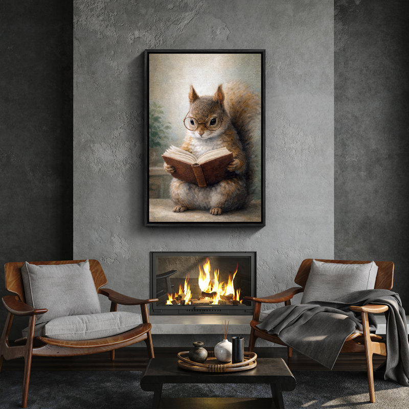 " Squirrel Reading Book With Glasses Framed Print Wall Art ", H 24 po x l 16 po, Black
