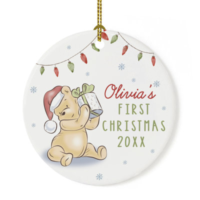 Custom Name First Christmas With Santa Pooh Bear Ceramic Keepsake Ornament, 20XX Holiday Gift