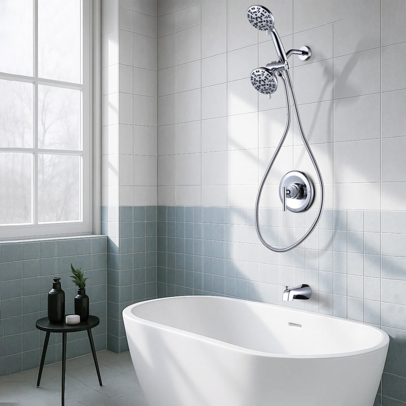 Robinet de douche à 7 jets avec pomme de douche double 1,8 GPM et bec de baignoire (valve incluse), Chrome poli