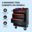 Chariot à outils multifonctionnel à 4 tiroirs - Acier thermolaqué avec tiroirs verrouillables et plateau à outils, rouge et noir