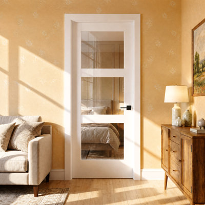 30" x 80" White Primed 3-Lite Tempered Clear Glass Solid Core Manufactured Wood Trimmable Trimmable Interior Door Slab for Pantry, Kitchen and Office, Without Frame and Hardware Kit