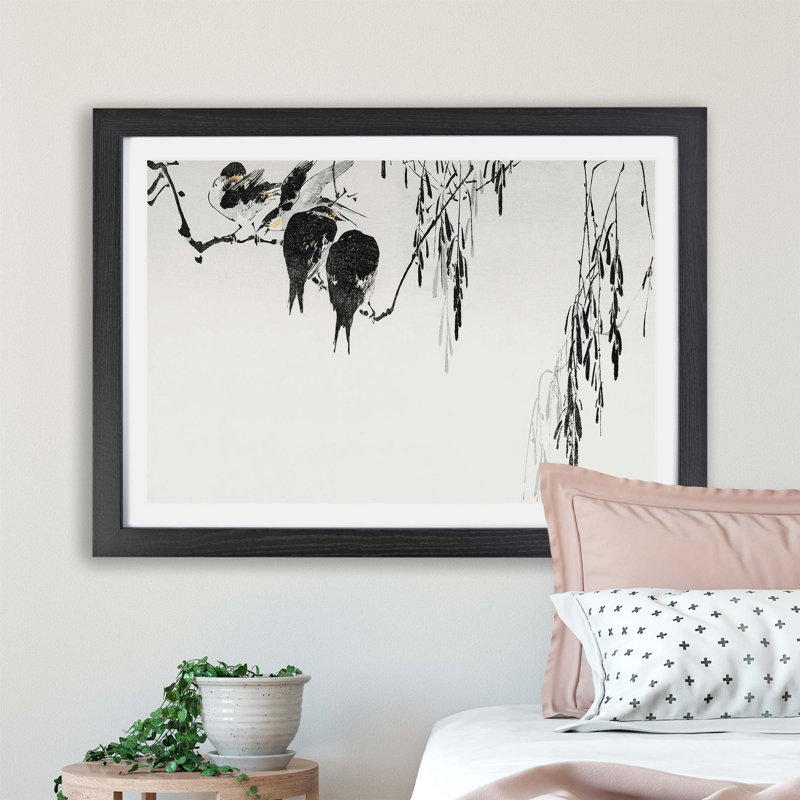 Magpies by Watanabe Seitei - Single Picture Frame Painting, Black, 33cm H x 45cm W x 2cm D