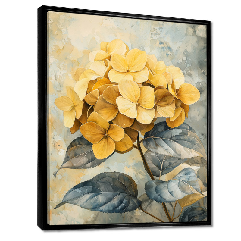 Fleurs d'hortensia jaune doux I - Hydrangea, art mural encadré, H 40 po x l 30 po, Noir