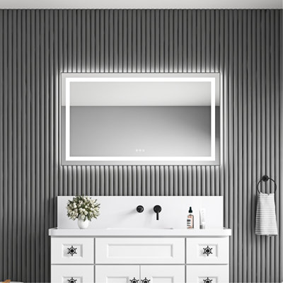 Miroir de salle de bain 48 "x 28" à DEL avec changement de 3 couleurs, brouillard, cadre en aluminium, mémoire, gradation continue, bois de frêne, améliore la qualité de la fixation murale avant et arrière, couleurs, idéal pour la rénovation