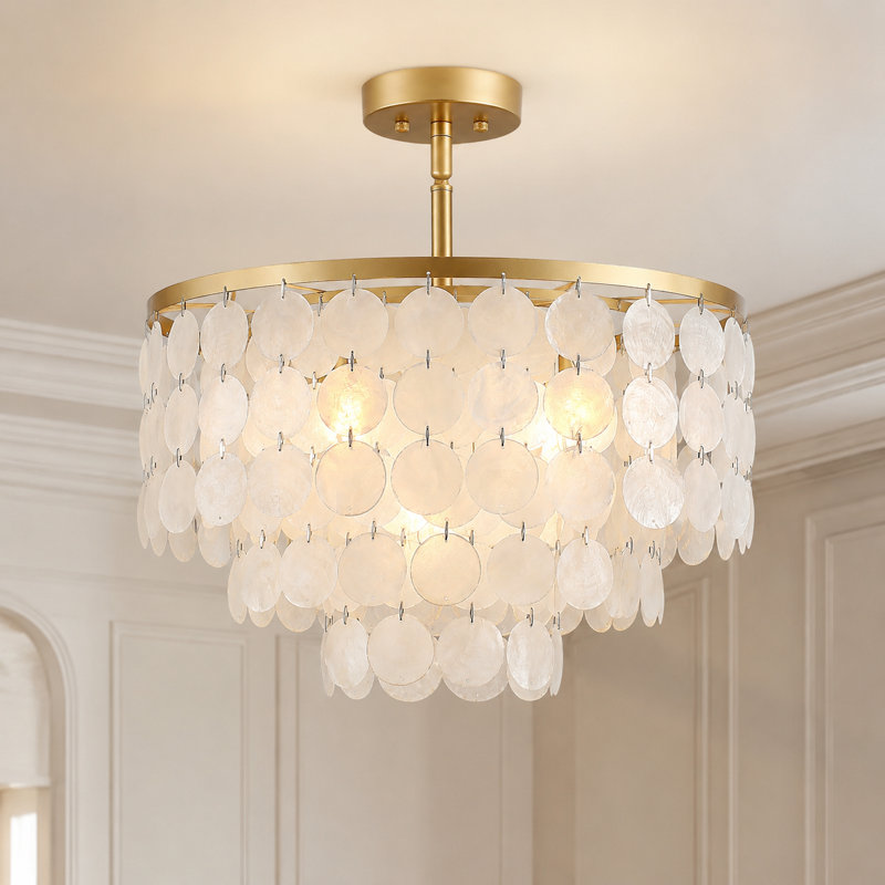 Brass Capiz Shell Semi Flush Mount Ceiling Light, 5 Lights, 12.6" H x 17.72" W x 17.72" D