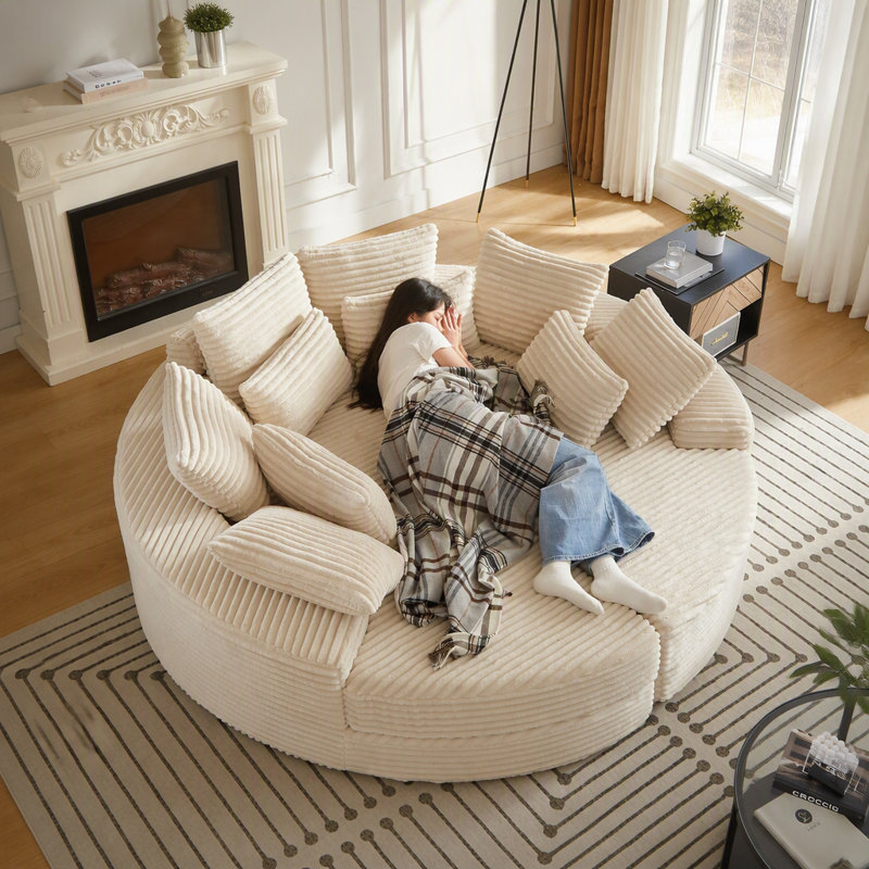 Fauteuil inclinable rond en velours côtelé de 78,5 pouces, convertible en deux fauteuils inclinables, canapé-lit 2 en 1, conception de coussin pour le cou avec cinq coussins décoratifs