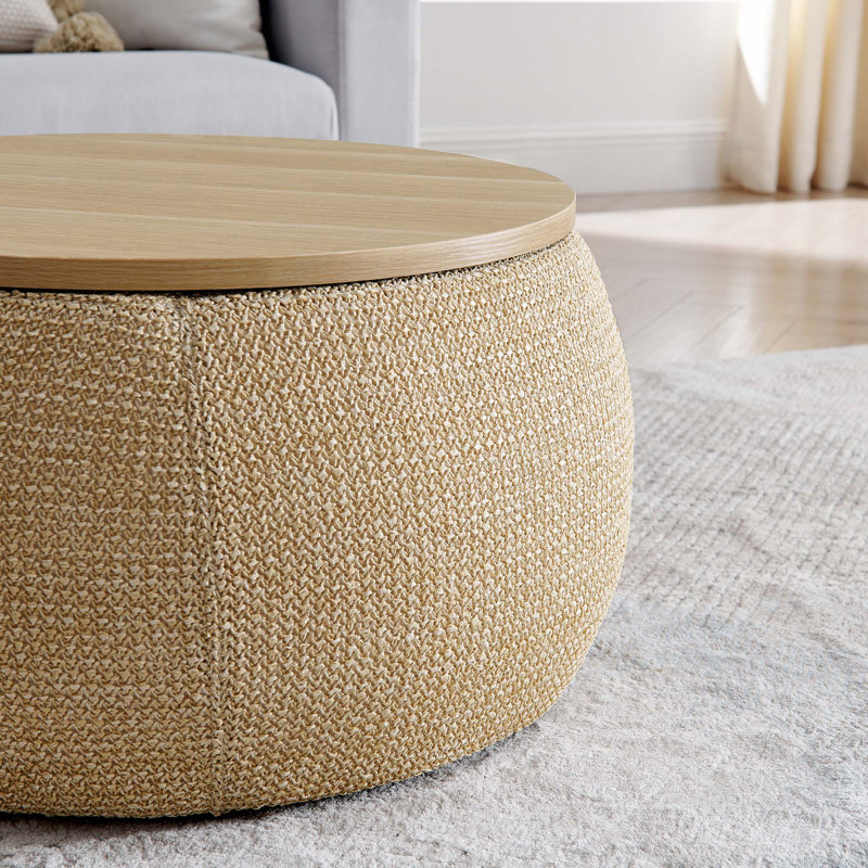 Round Storage Ottoman,Woven Rattan Fabric Ottoman,2 In 1 Function,Work As End Table And Ottoman,With Small Seat-Nature