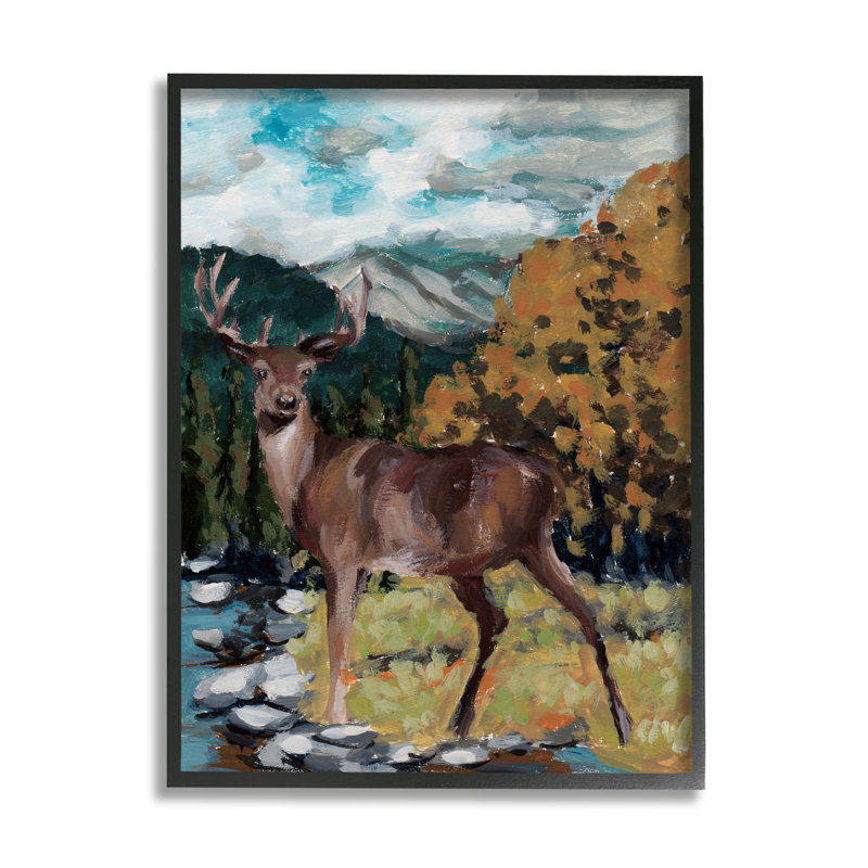 Cerf sauvage rustique - Peinture, H 14 po x l 11 po x P 1,5 po, Giclée encadrée noir minuit