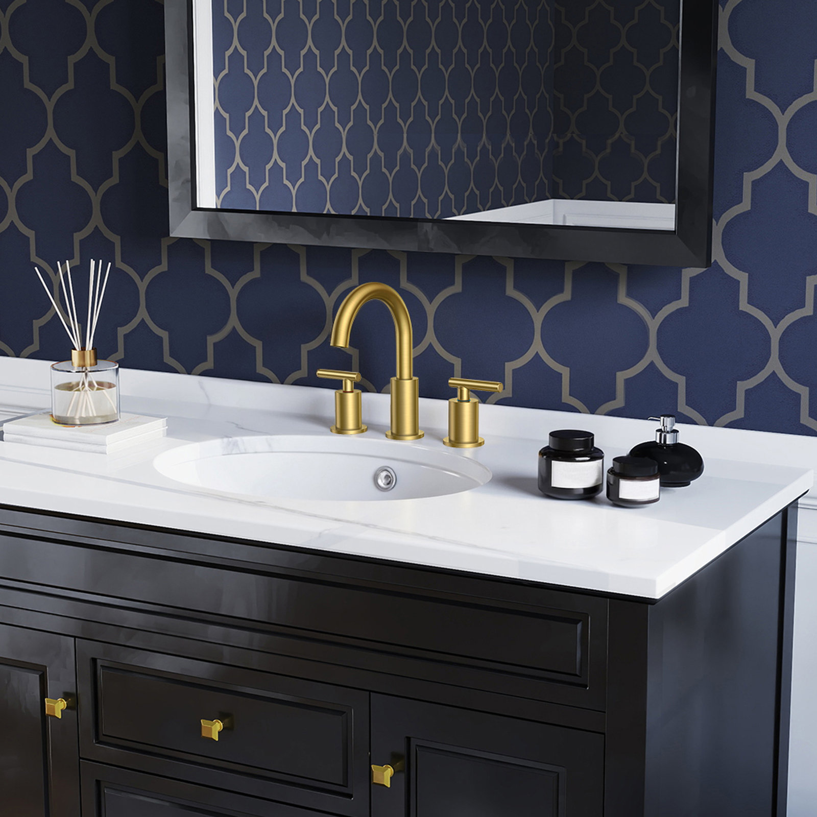 Celestine Widespread Bathroom Faucet with Drain, Brushed Gold
