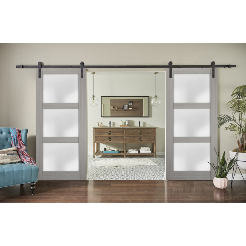 Portes de grange en verre givré Lucia avec quincaillerie d'installation, 56 po x 96 po, Bois de frêne gris, Noir mat