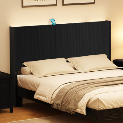 Wooden Fluted King Size Headboard With Charging Station & Led Lights, Boho Headboard With Adjustable Height, Natural