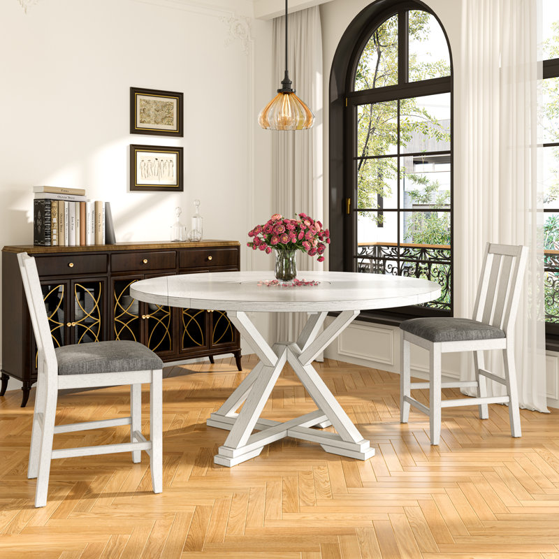 Ensemble de table de salle à manger à rallonge 5 pièces avec 4 chaises rembourrées, ensemble de table de cuisine à hauteur de comptoir ronde en bois massif et chaises, ensemble de table de salle à manger de style campagne moderne de style Mid-Century