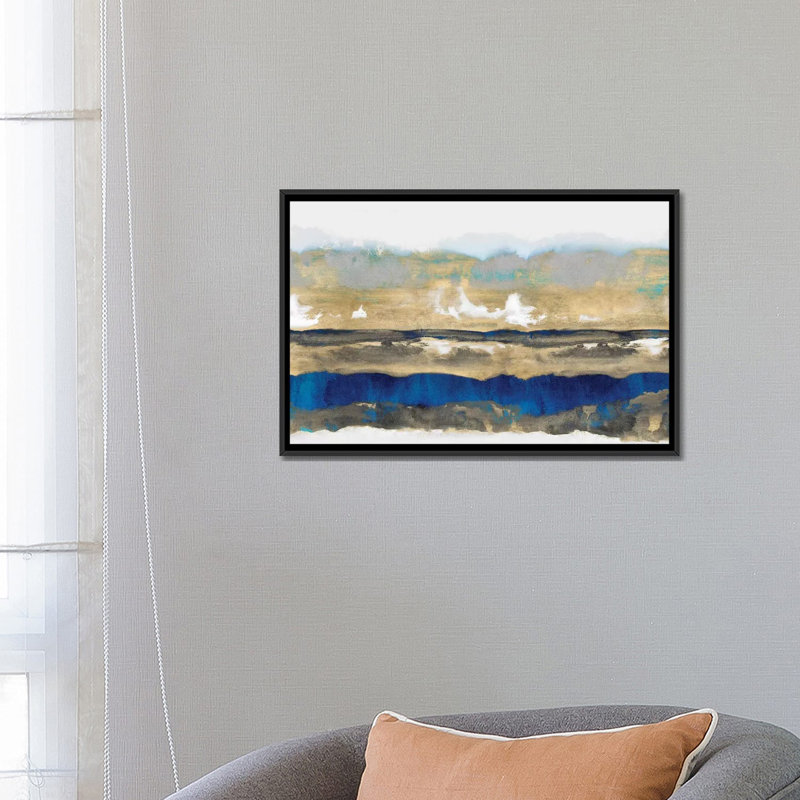 «Strata in Blue & Gold» par Rachel Springer, impression sur toile tendue, H 18 po x l 26 po x P 1,5 po, Toile avec cadre noir