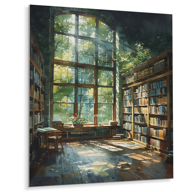 Bibliothèque verte et brune, Quiet Haven II - Art encadré avec bibliothèque, H 34 po x l 44 po, Sans cadre, métal
