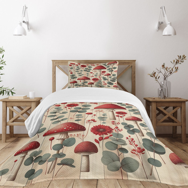 Twin Blue Polyester Floral Mushroom Bedspread Set