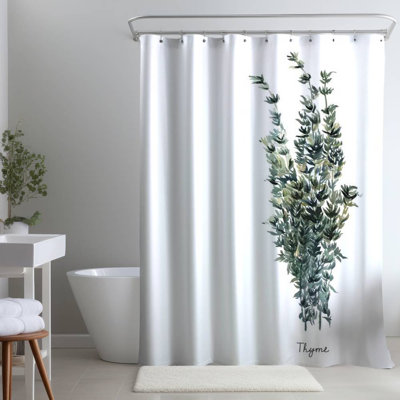 White Illustrative Leaves – Polyester Shower Curtain, Dye Sublimation Print, 71" W × 74" L