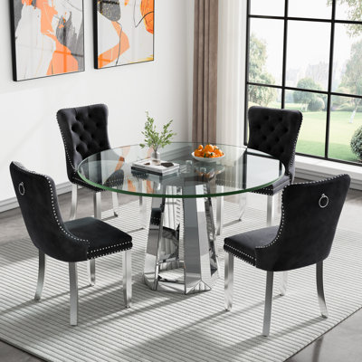 Round Dining Table Set, 47.24" Glass Dining Table with Velvet Dining Chairs, Clear Circle Kitchen Table Set, Dining Room Table and Chairs Set