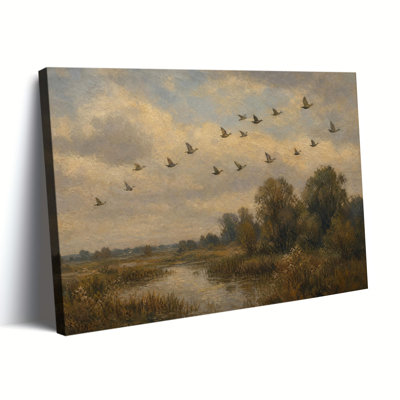 Canards sauvages volant au-dessus d'une zone humide en automne, paysage aux tons doux, peinture à l'huile sur toile, décoration murale de style champêtre antique