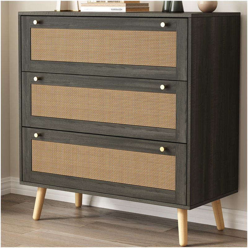 31.5''W 3-Drawer Rattan Storage Chest with Wood Legs, Easy Assembly