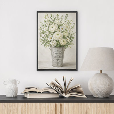 Bottled Flowers " White Flower Bouquet French Bucket Floral Framed Canvas Master Bedroom Wall Art Work Print "