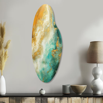 «Morning Bliss», art marbré or et bleu sarcelle doré - peinture abstraite incurvée en métal asymétrique