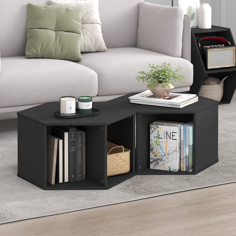 Table basse hexagonale moderne avec tablette de rangement ouverte, Americano / Noir