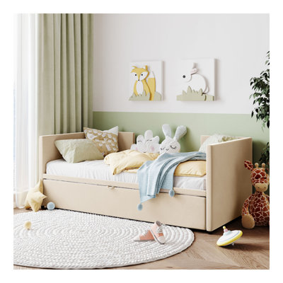 Lit de jour simple tapissier avec couchette escamotable, beige