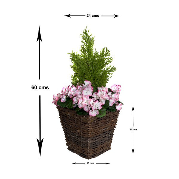 2x Artificial Rattan Patio Planters with Geraniums and Cedar Topiary, Pink