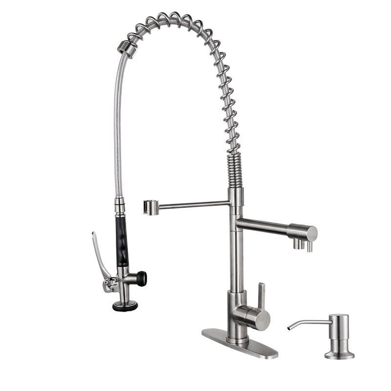 Brass Commercial Pull-Down Sprayer Kitchen Faucet 2 Handle With Locking Buckle And Soap Dispenser, Stainless Steel