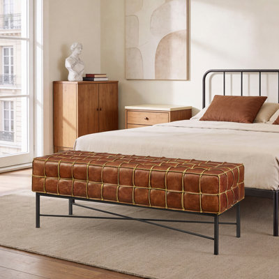 Laryn 50" W Tufted Genuine Leather Bench with Iron Frame