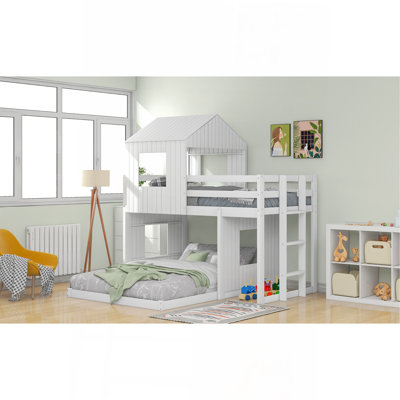 Lit superposé simple en bois sur lit double, lit mezzanine avec maisonnette, maison de campagne, échelle et garde-corps, blanc